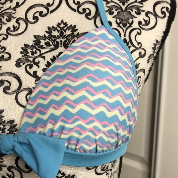 Aerie Bikini Top Blue Pink Bikini Top Padded Push Up Neck Back Ties M - Picture 2 of 6